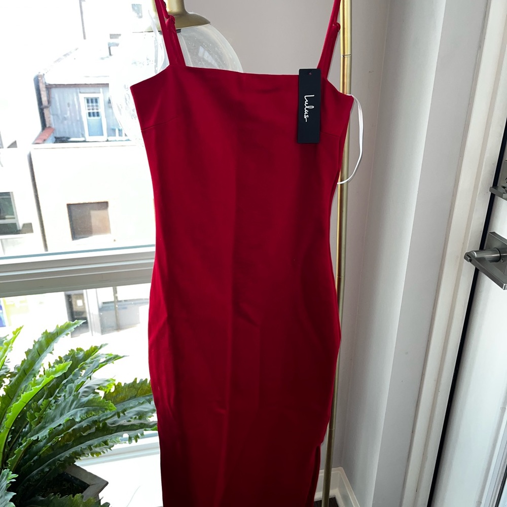 Red body con short dress